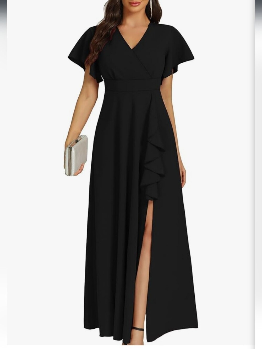 Black Long Formal Ruffle Cocktail Flutter Sleeve Maxi Dress With Slit, XL